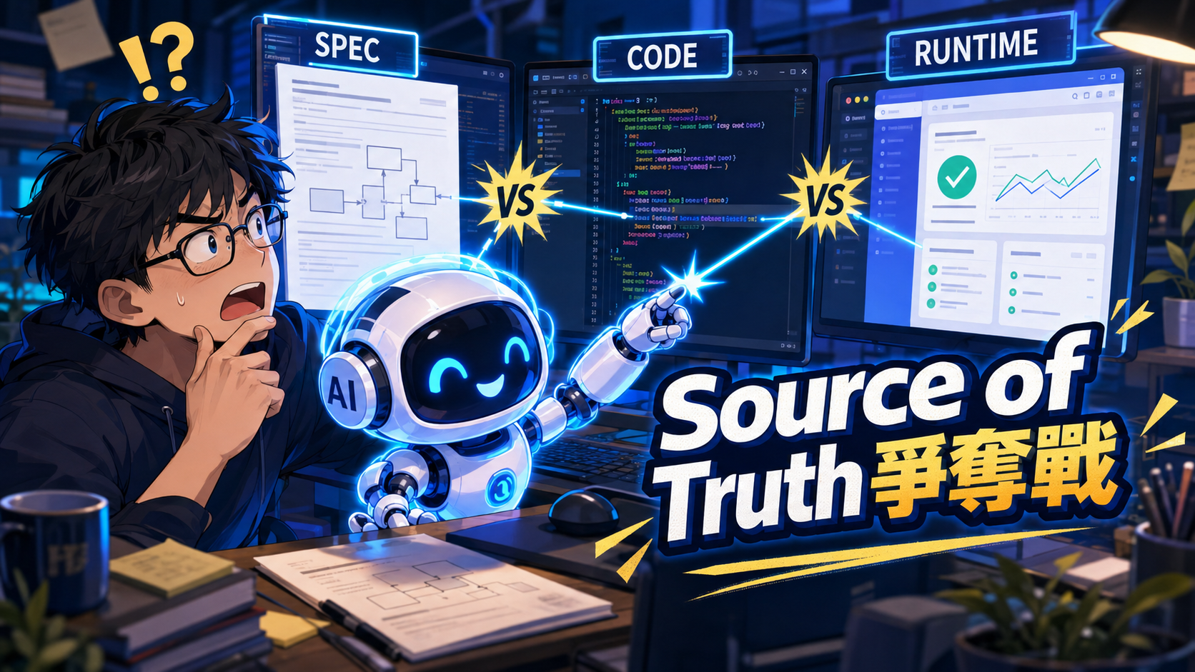 Spec、Code 與 Runtime 匯聚至同一個真相核心的抽象視覺